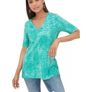 CHICOS‎ Size 1 US M Reptile Print Modal Cotton Knit Top Teal Relaxed Fit Shirt